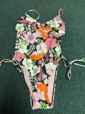 Salt + Cove Black One-Piece Swimsuit with Pink & Orange Floral Print